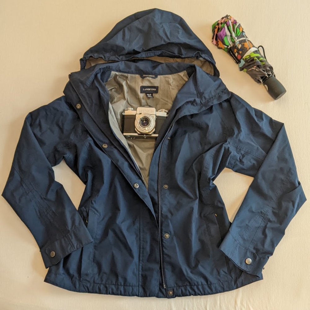 Lands' End Navy Rain Jacket w Packable Hood